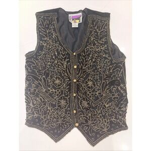 Vtg Other Destination Beaded Black/Gold Vest